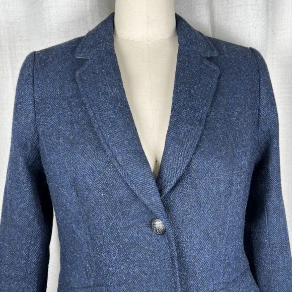 Talbots Aberdeen Blazer Navy Blue Herringbone Tweed Womens 6 Surgeon Cuffs